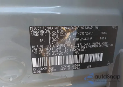 2021 Toyota Rav4 Xle from USA, damaged, VIN 2T3P1RFV2MW237156